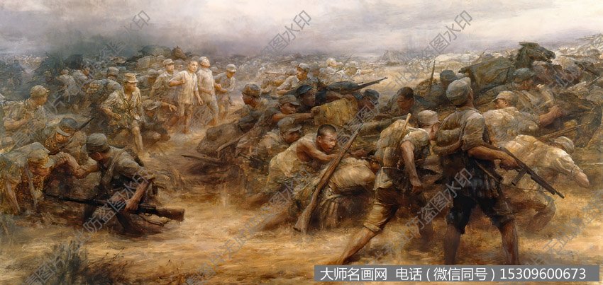 秦文清油画 刘邓挺进大别山过黄泛区