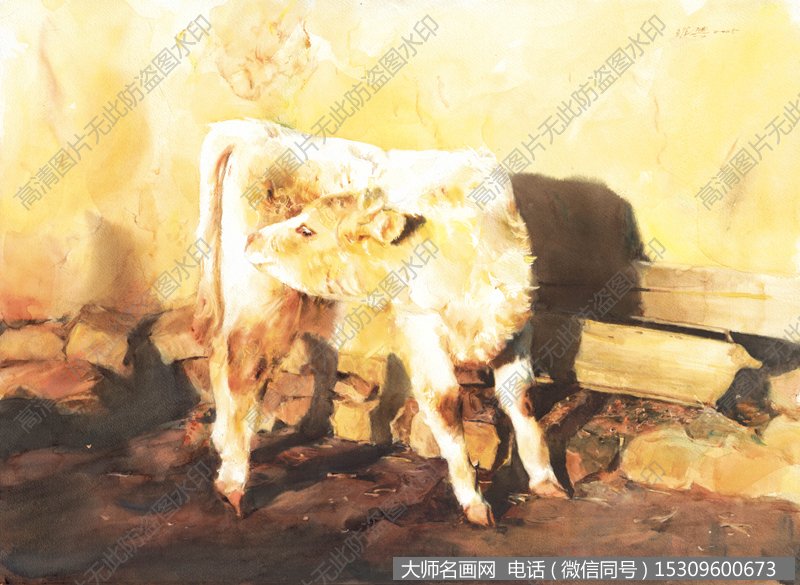 关维兴 夕阳下的牛犊 作品水彩9 大图下载