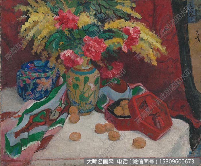 潘玉良《红漆盒与珐琅彩瓶花》油画作品高清大图下载