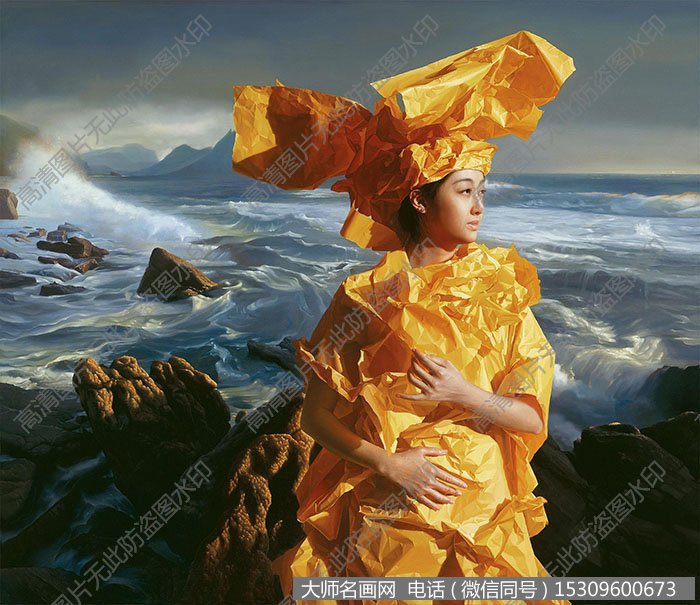 曾传兴《橙纸新娘 听海》油画作品高清大图下载