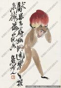 齐白石 动物国画《猴子扛寿桃》高清大图下载